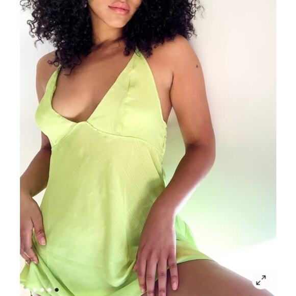 Free People Satin Slip Dress Size Large Lime Green 90s Halter Mini - Picture 2 of 10